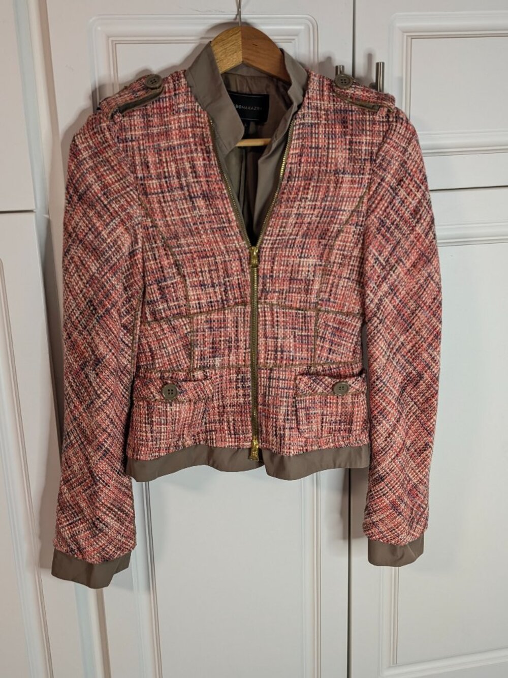 BCBGMAXAZRIA Pink Tweed Moto Jacket S Barbiecore Military Chic Y2K Glam EUC - Picture 4 of 12